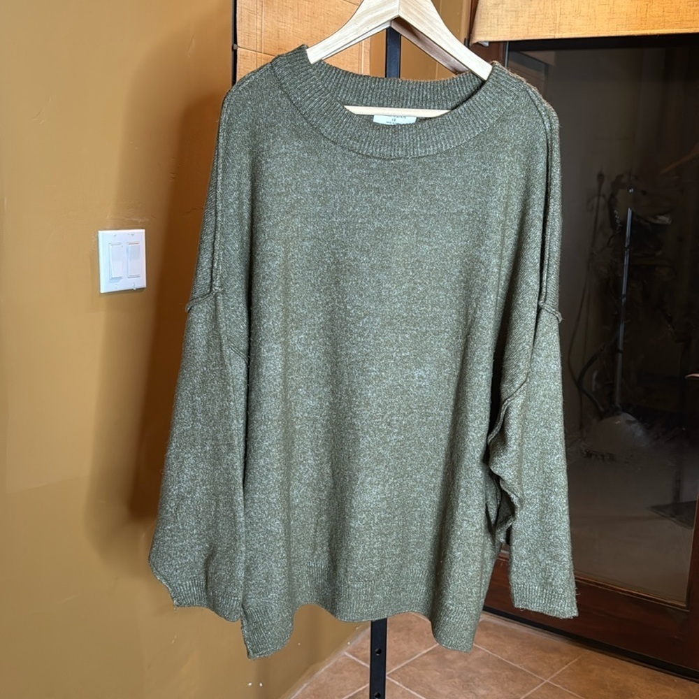 ZENANA HIGH-LOW HEM DROP SHOULDER SWEATER OLIVE GREEN SIZE 1X OVERSIZED